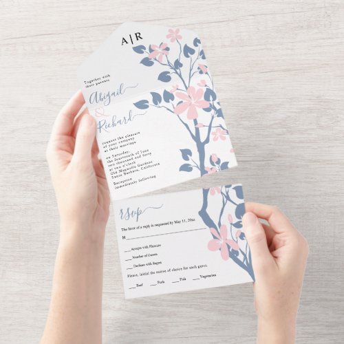 Dusty blue and pink branch with flowers wedding all in one invitation