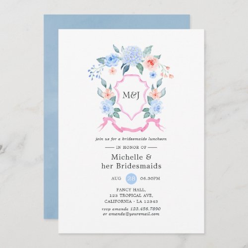 Dusty Blue and Pink Crest Bridesmaids Luncheon Invitation