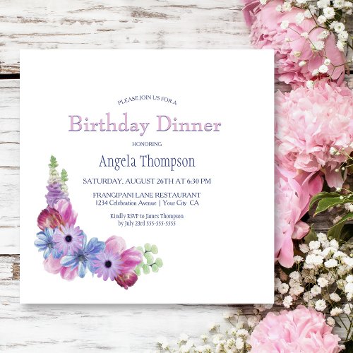 Dusty Blue and Pink Floral Birthday Dinner Party Invitation