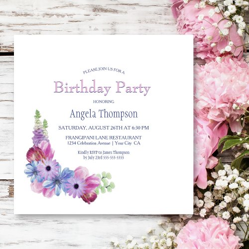 Dusty Blue and Pink Floral Birthday Party Invitation