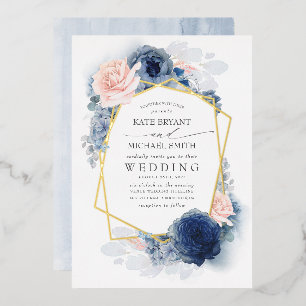 Dusty Blue and Pink Floral Botanical Wedding Foil Invitation