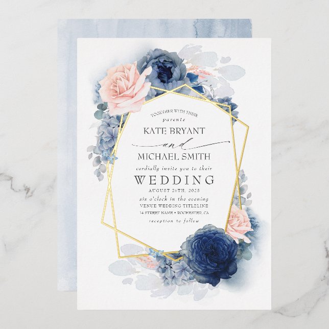 Dusty Blue and Pink Floral Botanical Wedding Foil Invitation (Front/Back)