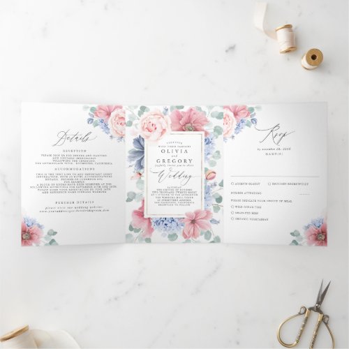 Dusty Blue and Pink Floral Botanical Wedding Tri_Fold Invitation