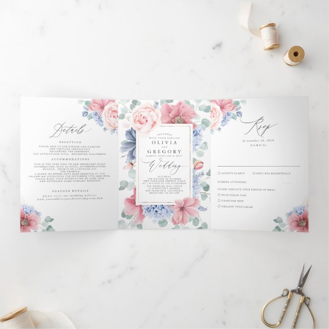 Dusty Blue and Pink Floral Botanical Wedding Tri-Fold Invitation (Inside)