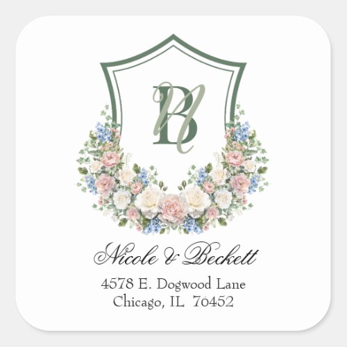 Dusty Blue and Pink Floral Crest Return Address Square Sticker