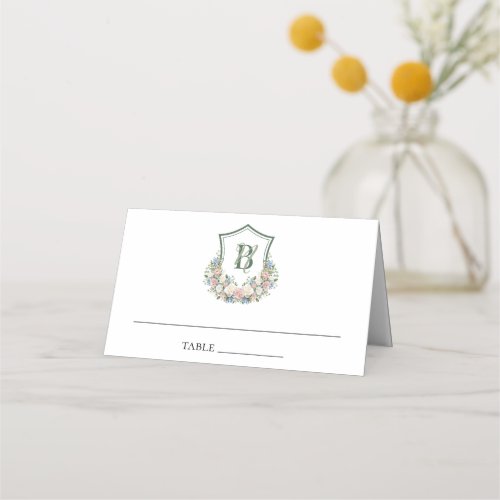 Dusty Blue and Pink Floral Crest Wedding Place Card