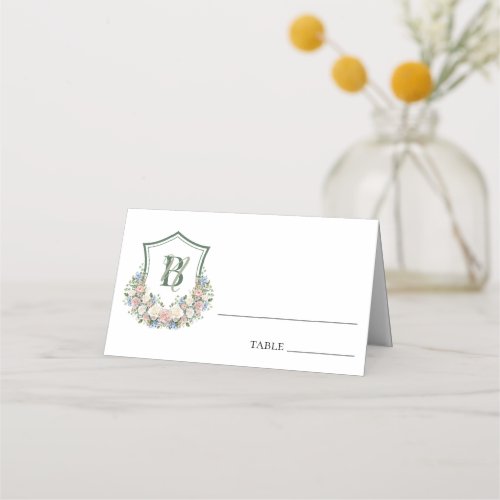 Dusty blue and Pink Floral Crest Wedding Place Card