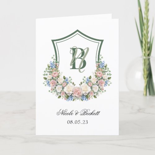 Dusty Blue and Pink Floral Crest Wedding Program