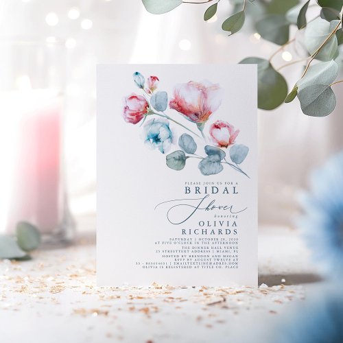Dusty Blue and Pink Floral Elegant Bridal Shower Invitation