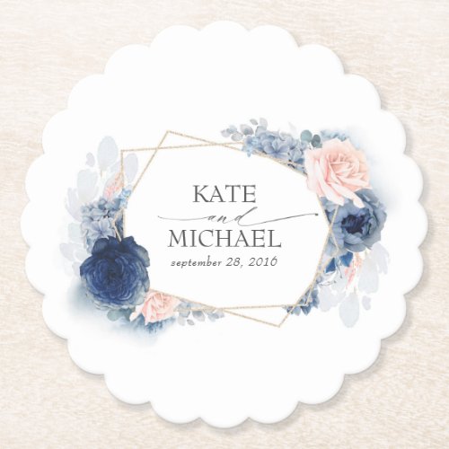 Dusty Blue and Pink Floral Elegant Paper Coaster