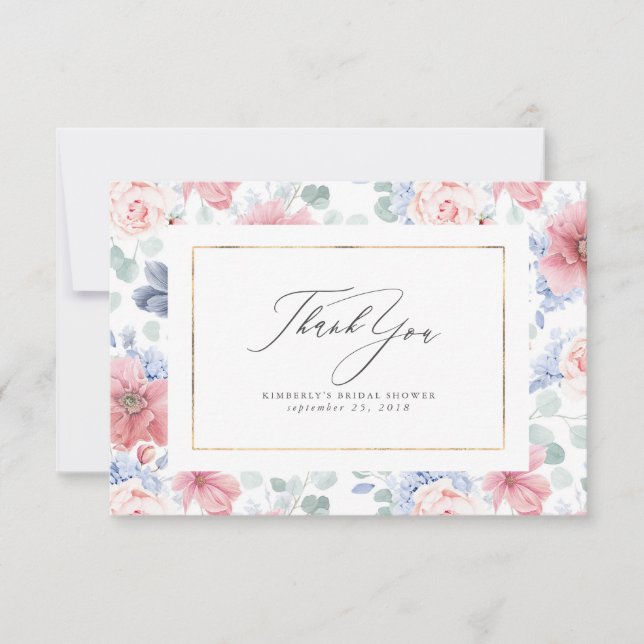 Dusty Blue and Pink Floral Elegant Small Thank You Card (Front)
