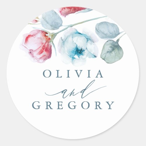 Dusty Blue and Pink Floral Elegant Wedding Classic Round Sticker