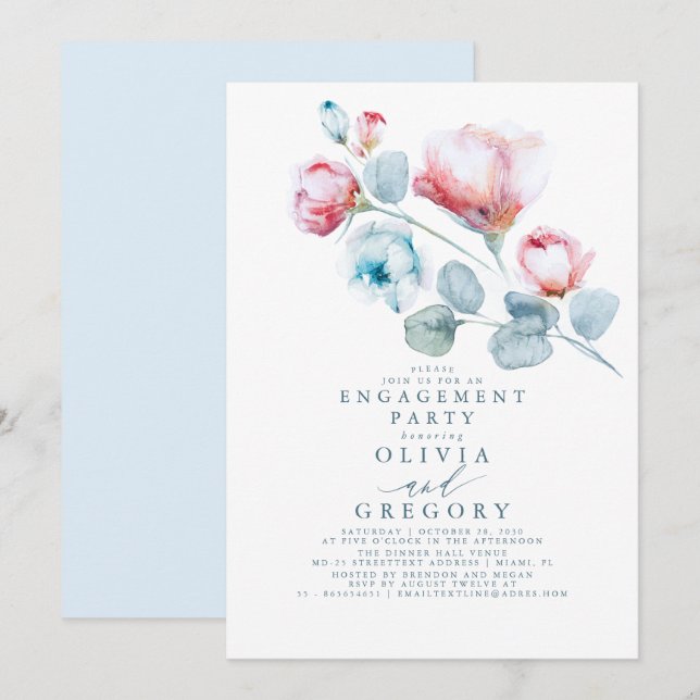 Dusty Blue and Pink Floral Engagement Party Invitation (Front/Back)