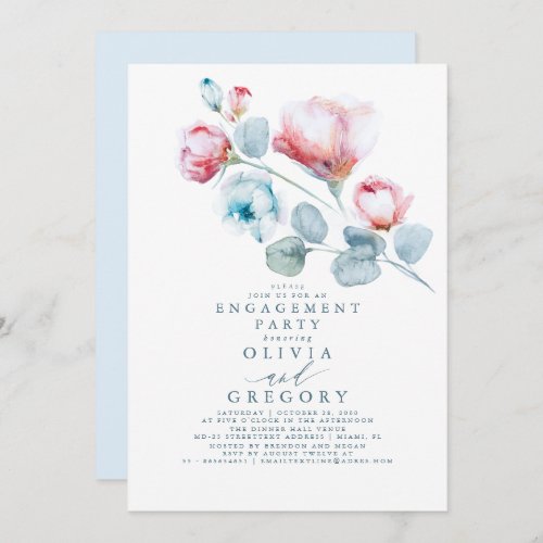 Dusty Blue and Pink Floral Engagement Party Invitation