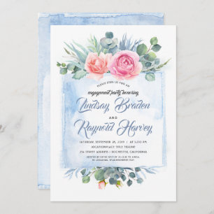 Dusty Blue and Pink Floral Engagement Party Invitation