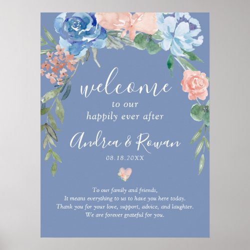 Dusty Blue and Pink Floral Happily Ever After Post Poster