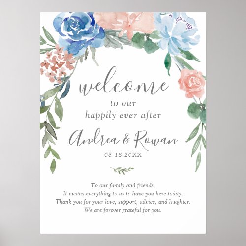 Dusty Blue and Pink Floral Happily Ever After Poster