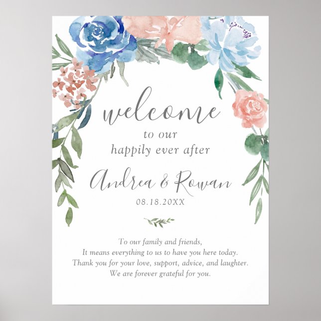 Dusty Blue and Pink Floral Happily Ever After Poster (Front)