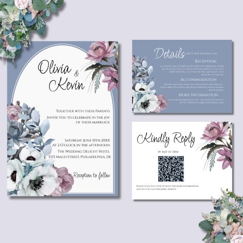 Dusty Blue and Pink Floral Modern Arch Wedding  Invitation