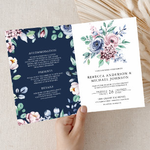 Dusty Blue and Pink Floral Navy QR Code Wedding Invitation