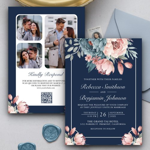 Dusty Blue and Pink Floral Navy QR Code Wedding Invitation