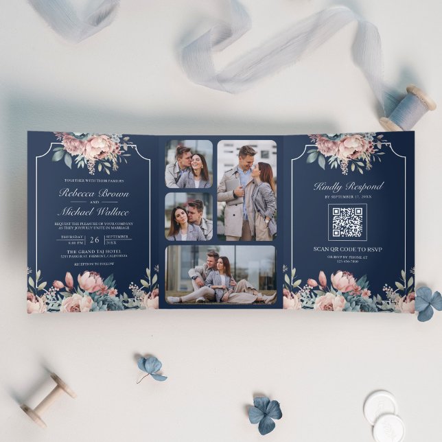 Dusty Blue and Pink Floral Navy QR Code Wedding Tri-Fold Invitation (Creator Uploaded)