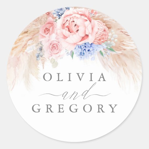 Dusty Blue and Pink Floral Pampas Grass Wedding Classic Round Sticker