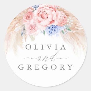 Dusty Blue and Pink Floral Pampas Grass Wedding Classic Round Sticker