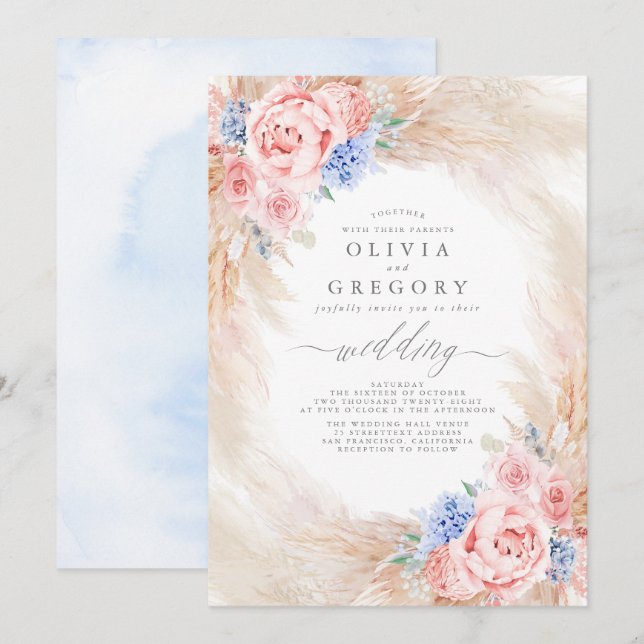 Dusty Blue and Pink Floral Pampas Grass Wedding Invitation (Front/Back)