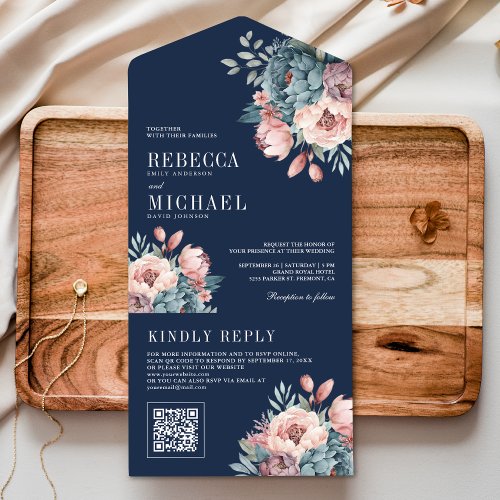 Dusty Blue and Pink Floral QR Code Navy Wedding All In One Invitation