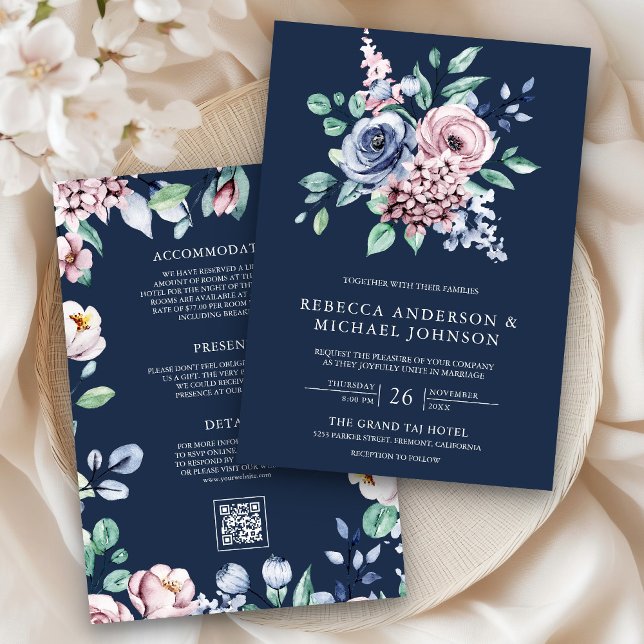 Dusty Blue and Pink Floral QR Code Navy Wedding Invitation (Creator Uploaded)