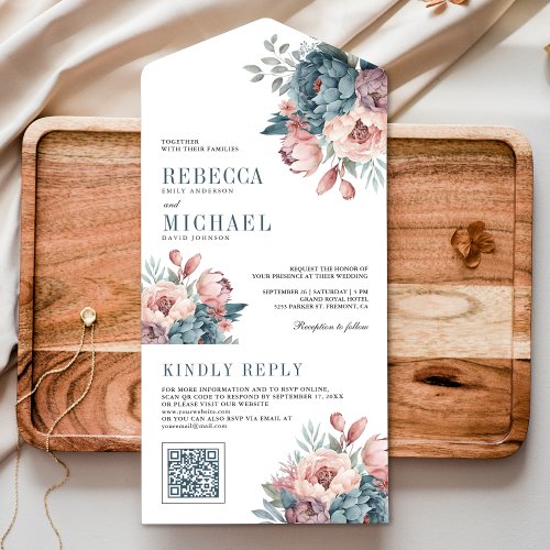 Dusty Blue and Pink Floral QR Code Wedding All In One Invitation
