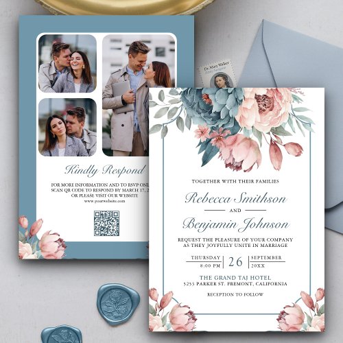 Dusty Blue and Pink Floral QR Code Wedding Invitation