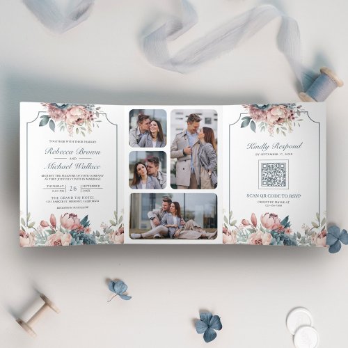 Dusty Blue and Pink Floral QR Code Wedding Tri_Fold Invitation