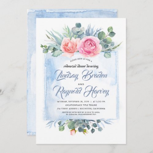Dusty Blue and Pink Floral Rehearsal Dinner Invitation