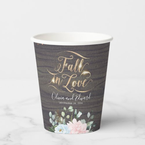 Dusty Blue and Pink Floral Rustic Fall in Love Paper Cups