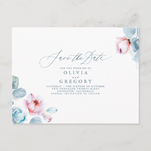 Dusty Blue and Pink Floral Save the Date Announcement Postcard