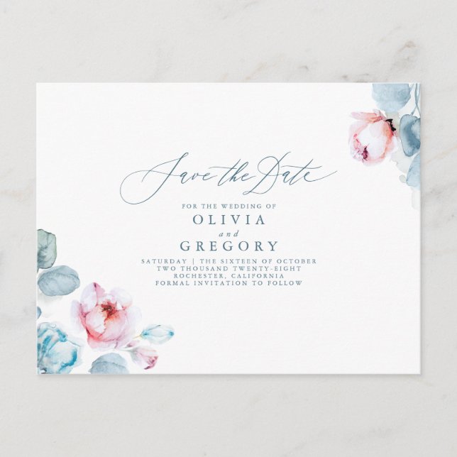Dusty Blue and Pink Floral Save the Date Announcement Postcard (Front)