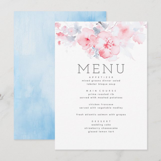 Dusty Blue and Pink Floral Themed Menu (Front/Back)
