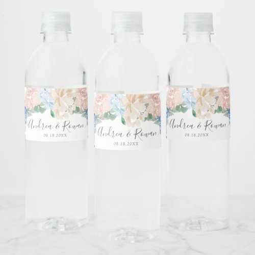 Dusty Blue and Pink Floral Water Bottle Label