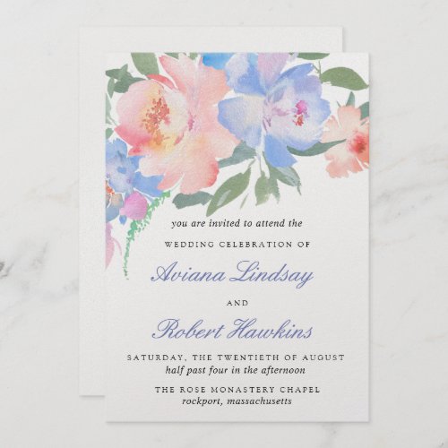 Dusty Blue and Pink Floral Watercolor Wedding Invitation