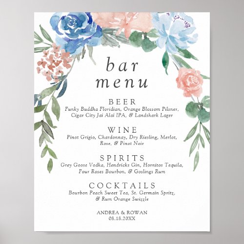 Dusty Blue and Pink Floral Wedding Bar Menu Poster