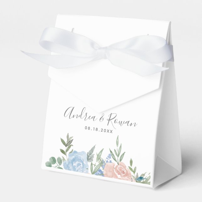 Dusty Blue and Pink Floral Wedding Favor Box (Front Side)