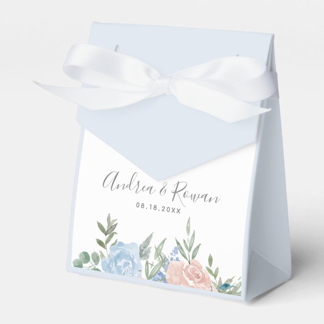 Dusty Blue and Pink Floral Wedding Favor Boxes (Front Side)