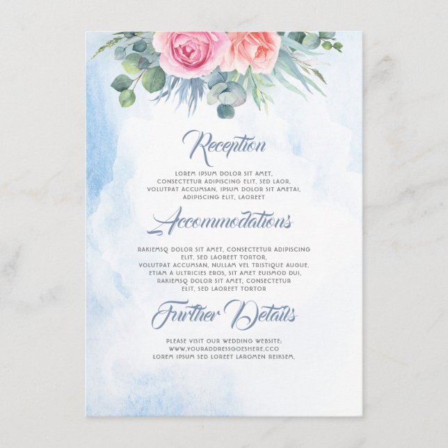 Dusty Blue and Pink Floral Wedding Information Enclosure Card (Front)