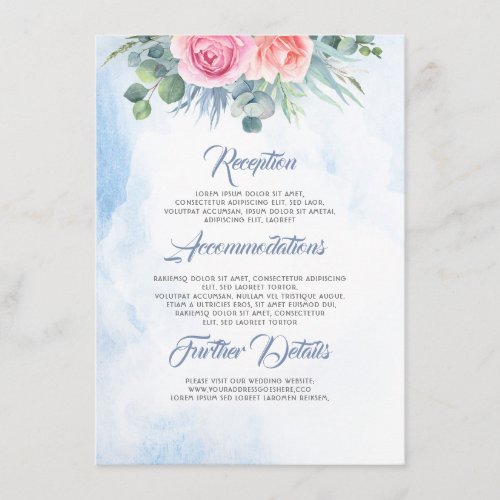 Dusty Blue and Pink Floral Wedding Information Enclosure Card