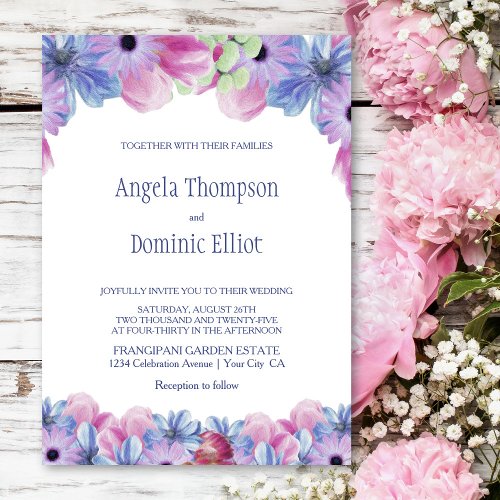 Dusty Blue and Pink Floral Wedding Invitation