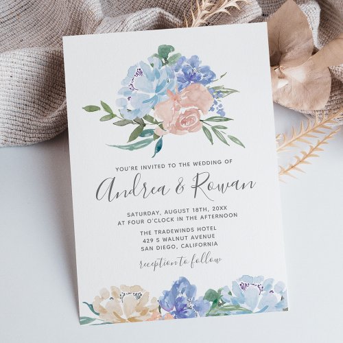 Dusty Blue and Pink Floral Wedding Invitations