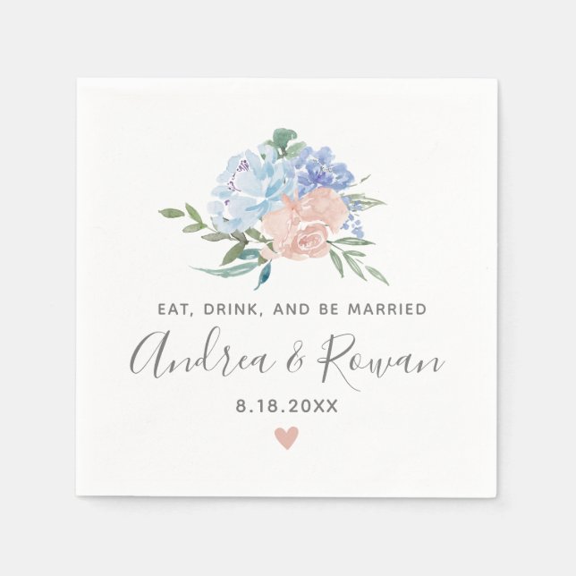 Dusty Blue and Pink Floral Wedding Napkins (Front)