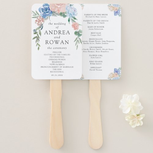 Dusty Blue and Pink Floral Wedding Program Hand Fa Hand Fan